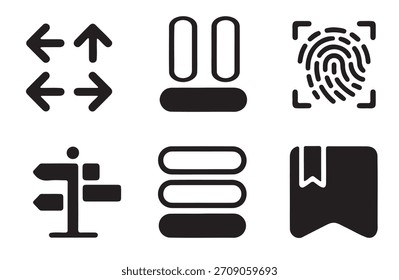 A collection of six simple, black icons suitable for various digital interfaces, including mobile apps and websites.