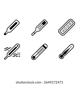 Collection of Six Simple Black Line Thermometers Medical Icons Healthcare Symbols Temperature Measurement Digital and Analog Styles