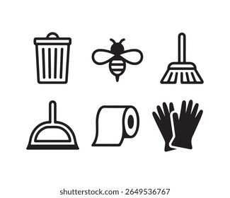 Uma coleção de seis ícones simples de linha preta representando ferramentas de limpeza doméstica e uma abelha, isolada em um fundo branco limpo. Os ícones incluem uma lata de lixo, uma abelha, uma vassoura, 