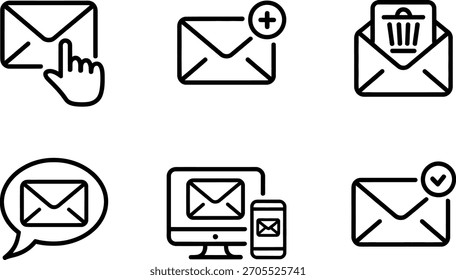 Collection of six simple black line art icons representing various email and message functions like sending, receiving, deleting, mobile, and chat notifications for web design.