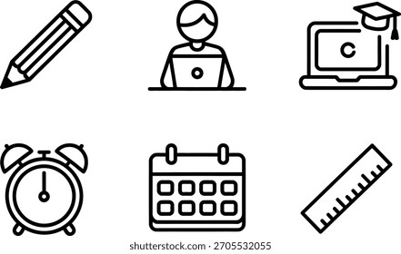 Una colección de seis simples iconos de línea negra que representan la educación, el aprendizaje y los conceptos de gestión del tiempo, perfecto para proyectos de diseño académicos o relacionados con la escuela.