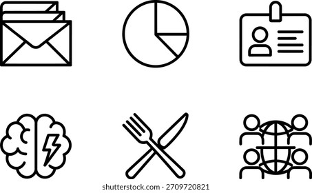 A collection of six simple, black line art icons representing various business, communication, analysis, identity, thought, and social concepts, perfect for web design.