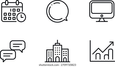 Una colección de seis simples iconos de línea negra que representan varios conceptos comerciales como programación, comunicación, tecnología, edificio de oficinas y tabla de crecimiento, perfecto para el Diseño web.