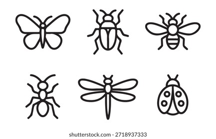Una colección de seis simples iconos de arte de línea negra con insectos comunes