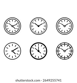 Collection of Six Simple Black Outline Clock Icons Minimalist Time Management Vector Graphics