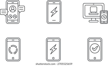 Colección de seis simples iconos de contorno negro que representan varias funciones de teléfono móvil como comunicación, carga, audio y conexión de computadora, perfecto para un diseño App.