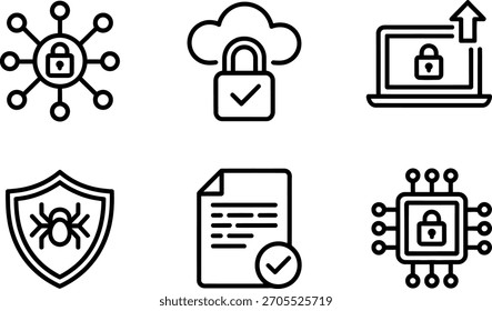 Sammlung von sechs einfachen schwarzen Umrisssymbolen, die verschiedene Aspekte der digitalen Sicherheit darstellen, einschließlich Netzwerksperre, Cloud-Speicherung, Datenupload, Virenschutz, verifiziertes Dokument und Chip-Schutz