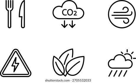 Uma coleção de seis ícones simples em preto que representam conceitos ambientais e energéticos como alimentação, emissão de CO2, vento, risco elétrico, folha e chuva.