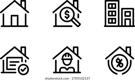 A collection of six simple black outline icons representing various real estate concepts like home search, finance, building, inspection, contractor, and mortgage rate.