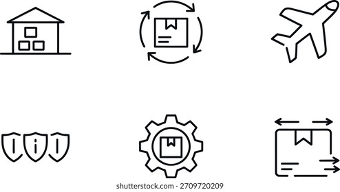 Una colección de seis sencillos iconos de contorno negro que representan varios aspectos de la logística, incluidos el hogar, el retorno, el avión, la seguridad, el equipo y la entrega de paquetes, perfecto para imágenes de la cadena de suministro.