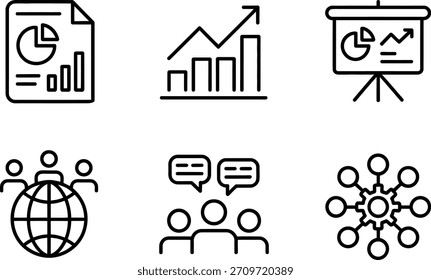 Una colección de seis simples iconos de contorno negro que representan conceptos comerciales como informe, tabla de crecimiento, presentación, equipo global, discusión y conexión de red para el Diseño web.