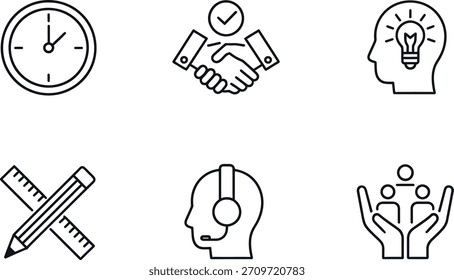 A collection of six simple, black outline icons representing various business concepts like time management, agreement, idea, design, support, and teamwork, isolated on white.