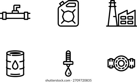 Colección de seis simples iconos de contorno negro que representan Elementos de la industria del petróleo, incluyendo una válvula, bidón, fábrica, barril, gotero y tubería de montaje.