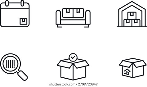 Una colección de seis simples iconos de contorno negro que representan los aspectos clave del servicio de mudanza y entrega, incluyendo un calendario, sofá, almacén, escáner de código de barras y caja abierta o cerrada.