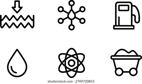 Colección de seis simples iconos de contorno negro que representan varias fuentes de energía, estructura química, minería, combustible y conceptos de presión para el diseño industrial.