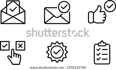 A collection of six simple black outline icons representing various concepts like email confirmation, like verification, selection, quality seal, and checklist completion, all on white.
