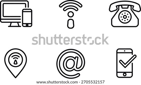 A collection of six simple, black outline icons representing various communication methods like computer, mobile, wifi, location, email, and verified phone contact on a white canvas.