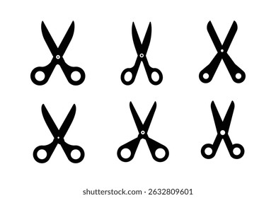 Collection of Six Simple Black Scissors Icons Perfect for Craft, Design, and Editing Projects	
