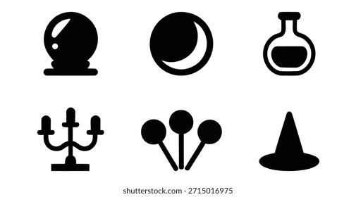 Colección de seis simples íconos de silueta negra que representan temas mágicos, ocultos y de brujería, como una bola de cristal, luna creciente, frasco con líquido, candelabro, tres dardos y un sombrero puntiagudo.