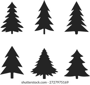 A collection of six simple black silhouettes of evergreen trees vector illustration