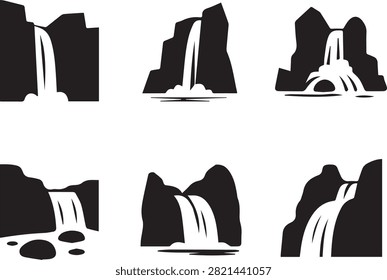 A collection of six simple black waterfall icons featuring rocky cliffs and flowing water. These graphic symbols are isolated on a white background.