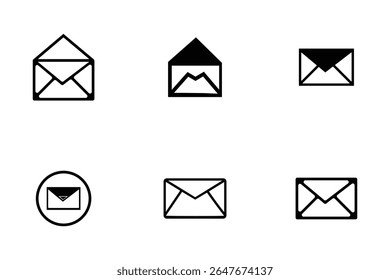A collection of six simple, black and white envelope icons in various styles, representing communication and mail.
