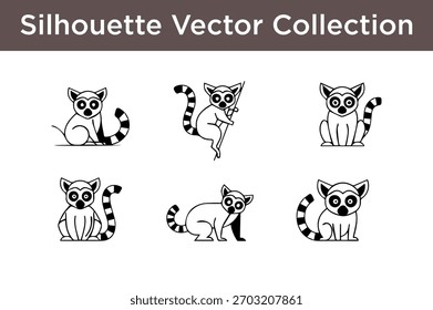 Uma coleção de seis simples ilustrações vetoriais de silhueta em preto e branco de lêmures-de-cauda-anelada em várias poses.