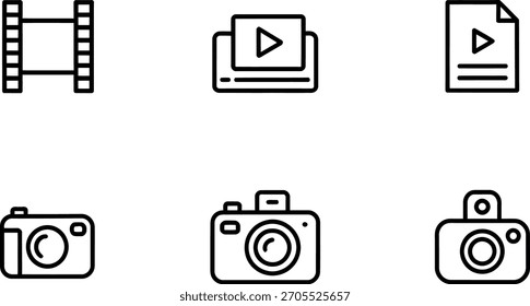 A collection of six simple, black and white outline icons representing various media and photography concepts, perfect for digital design projects and interfaces.