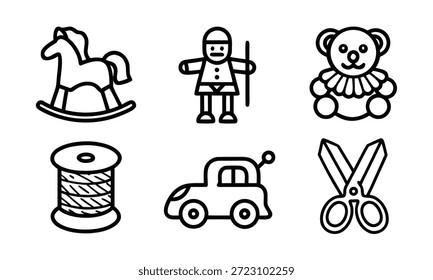 Uma coleção de seis simples desenhos de linhas pretas e brancas de brinquedos e objetos infantis, incluindo um cavalo de balanço, soldado de brinquedo, ursinho de pelúcia, carretel de linha, carro de brinquedo e tesoura.