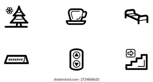 Una colección de seis íconos simples en blanco y negro que representan varios aspectos de una estadía en un hotel, incluyendo una cama, una taza de café, un árbol de Navidad, un ascensor, escaleras y un letrero de reserva. Los íconos están diseñados para ser limpios, modernos y fácilmente reconocibles, lo que los hace adecuados para su uso en una variedad de contextos, como Sitios web de hoteles, folletos y anuncios.