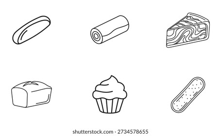 Uma coleção de seis simples ícones de arte em preto e branco representando vários produtos de panificação e um item médico.