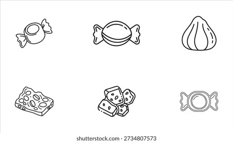 Eine Sammlung von sechs einfachen schwarz-weißen Linien Art Icons, die verschiedene Arten von Bonbons und Süßigkeiten.