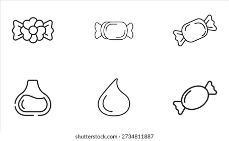 A collection of six simple black and white line art icons representing sweets and liquids. The icons include a flower-shaped candy, two different wrapped candies, a potion bottle, and a teardrop shape.