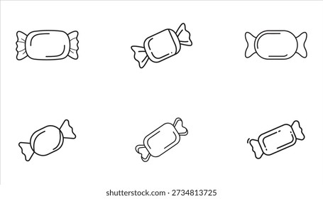 A collection of six simple, black and white line drawings of wrapped candies. The candies are depicted in various orientations and styles of wrapping.