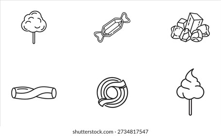 Una colección de seis iconos simples de arte lineal en blanco y negro que representan varios dulces y caramelos, incluido un caramelo de algodón, un caramelo envuelto, un caramelo de roca, giros de regaliz, un caramelo remolino y un cono de helado suave.