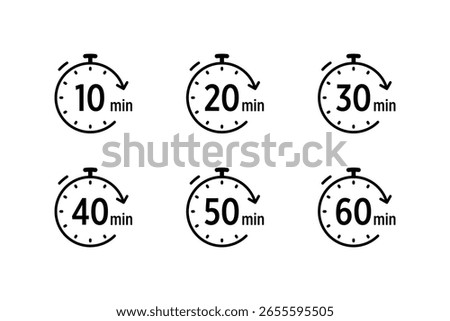 A collection of six simple black and white stopwatch icons, each indicating different time intervals: 10, 20, 30, 40, 50 and 60 minutes