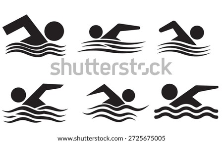 Collection of six simple black and white vector icons depicting swimmers in various strokes and positions, gliding through stylized water waves, representing competitive swimming and aquatic sports.