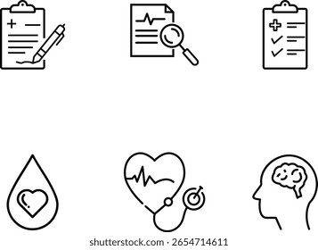 A collection of six simple, black-and-white line art icons representing various aspects of healthcare and medical concepts, including patient records, diagnosis, and well-being.