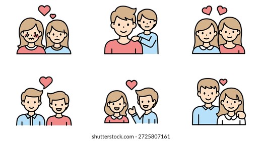 A collection of six simple cartoon illustrations depicts diverse couples and individuals, including same-sex and opposite-sex pairs, expressing various emotions such as love, affection, happiness, sadness, and shyness, often accompanied by heart symbols, set against a plain white background
