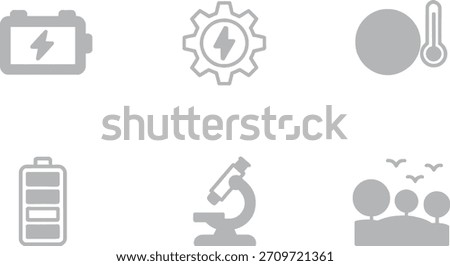 Collection of six simple, gray, flat design icons representing battery, gear, temperature, another battery, microscope, and nature or ecology concepts on white.