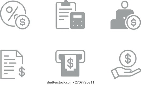 Una colección de seis simples iconos de contorno gris que representan varios conceptos financieros como tasa de interés, cálculo, pago, documento, retiro de cajero automático y recepción de dinero.