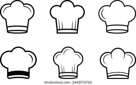 Collection of six simple line art chef hat illustrations. Perfect for menus, websites, or culinary branding. Various styles included for versatile use.