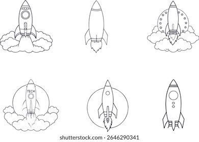 Collection of six simple line art rocket illustrations, showcasing various launch and flight stages with a distinctive silhouette style.