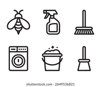 A collection of six simple line art icons representing cleaning and household tasks, including a bee, spray bottle, broom, washing machine, bucket of suds, and dustpan, 