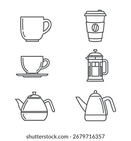 Una colección de seis iconos de líneas simples que representan varios artículos relacionados con el café y el té.  