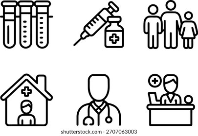 Una colección de seis iconos de líneas simples que representan los servicios esenciales de atención médica, incluyendo pruebas médicas, vacunación, medicina familiar, consultas médicas, visitas domiciliarias y recepción.