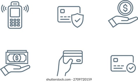 Eine Kollektion von sechs einfachen Line-Art-Icons, die verschiedene Aspekte moderner elektronischer Zahlungssysteme darstellen, darunter mobiles Bezahlen, Kartensicherheit und Bargeldbearbeitung, perfekt für Finanzanwendungen.
