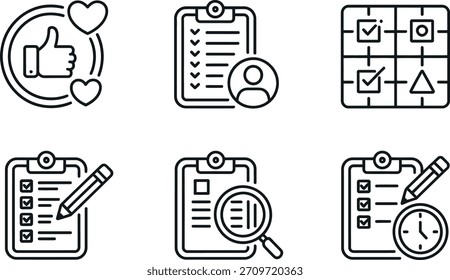 Colección de seis iconos de arte de línea simples que representan negocios, Comentarios, revisión, planificación, búsqueda y tarea de gestión de tiempo sobre fondo blanco.