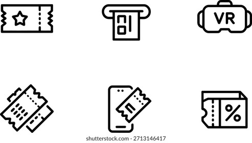 Colección de seis iconos de arte lineal simples que representan entradas, realidad virtual y acceso digital para entretenimiento y eventos.