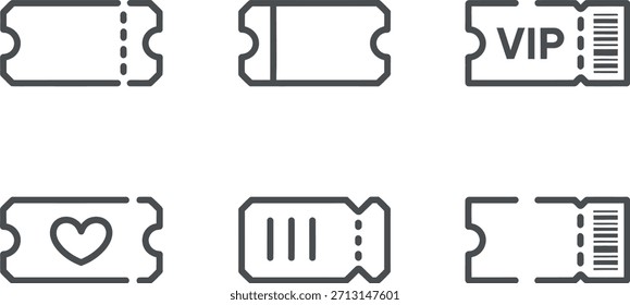 Colección de seis iconos de arte de línea simples que representan diferentes tipos de entradas, incluidos diseños VIP y con temática de corazón.